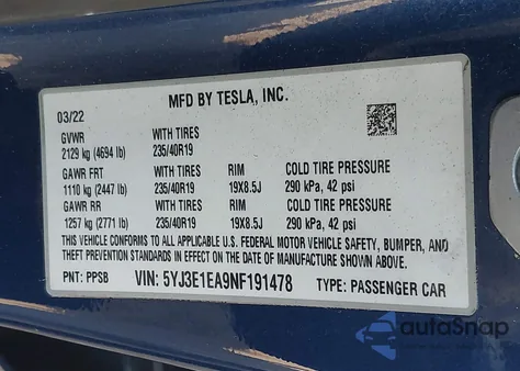 2022 Tesla Model 3 Rear-Wheel Drive from USA, damaged, VIN 5YJ3E1EA9NF191478